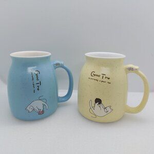 2 Cat Coffee Mugs Good Time Blue & Yellow Cups